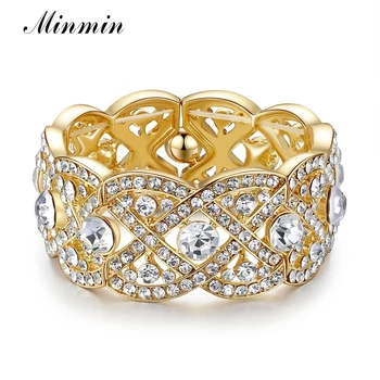 

Minmin Gold Color Big Bangles with Crystal Floral Bracelet Women Femme Female Wedding Accessories African Beads Jewelry SL053