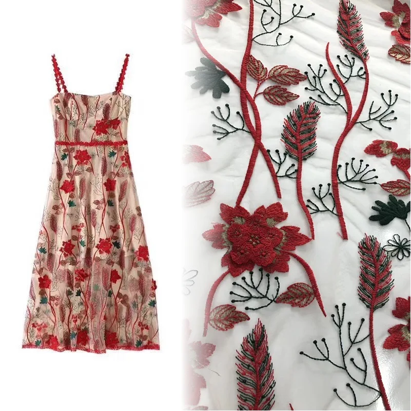 

Tremolo net red 3-D three-dimensional flower leaves polyester embroidery fabric dress dress lace DIY fabric