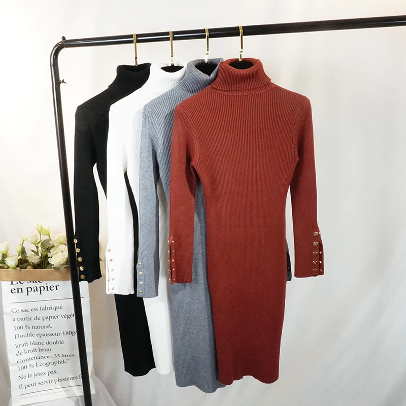 OCEANLOVE Bodycon Dress Button Turtleneck Knitted Midi Dresses Long Sleeve Autumn Winter Vestidos Slim Sexy Robe Femme 12310