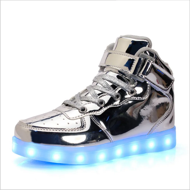 Mirror Patent Leather Led luminous hook&loop Shoes For Boys girls Fashion Light Up Casual kids Breathable Children Sneakers - Цвет: Silver