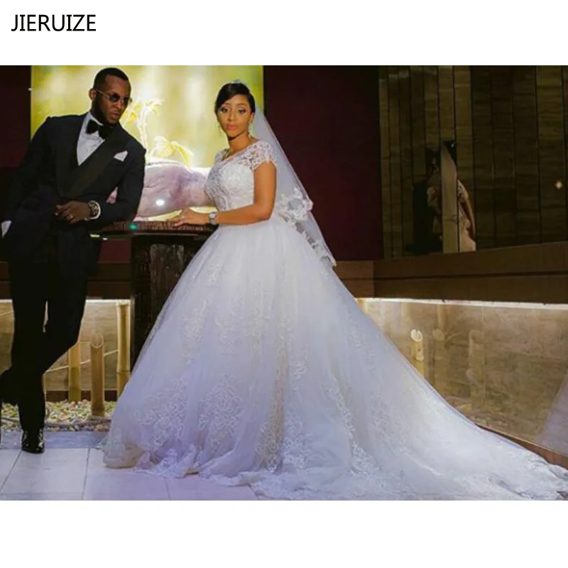 

JIERUIZE Vintage Lace Appliques Ball Gown Wedding Dresses 2020 Short Sleeves Cheap Wedding Gowns Bride Dresses vestido de novia