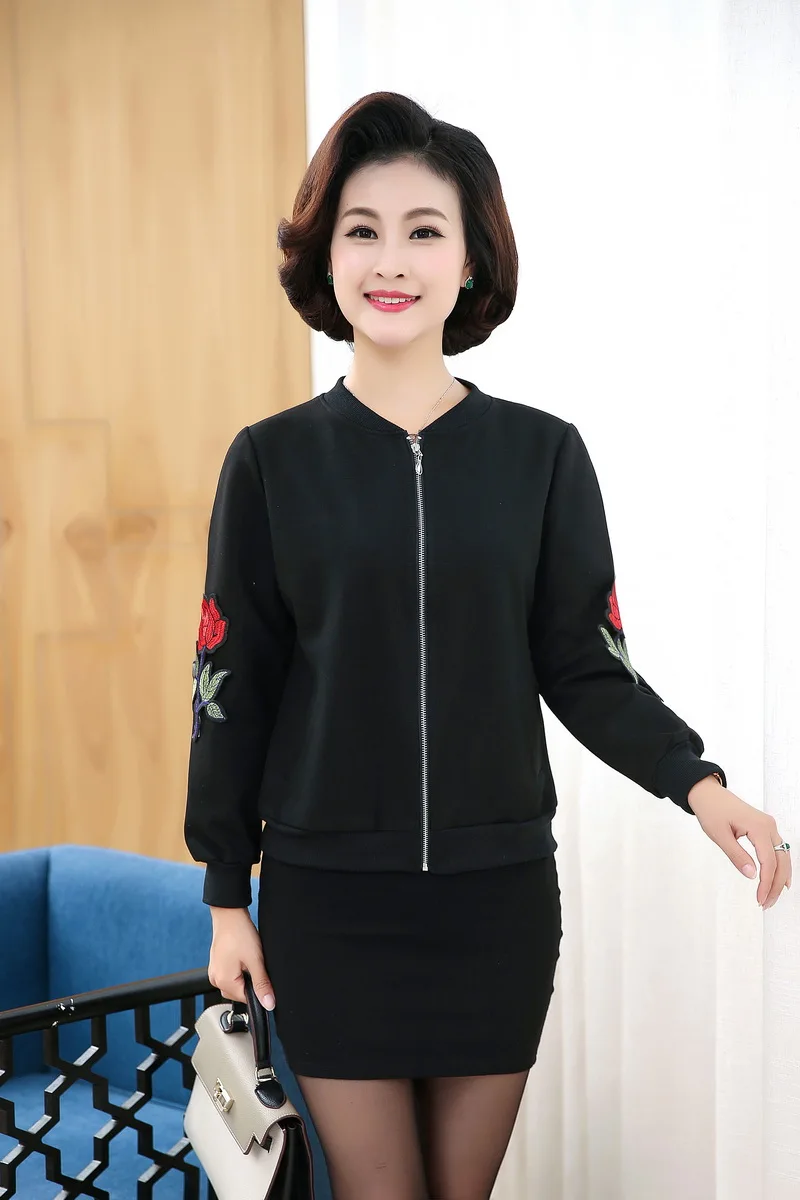 WAEOLSA Womens Casual Bomber Jacket Middle Aged Woman Black Short Coat Embroidery Outerwear Autumn Mother Jacket Zipper Front (18)
