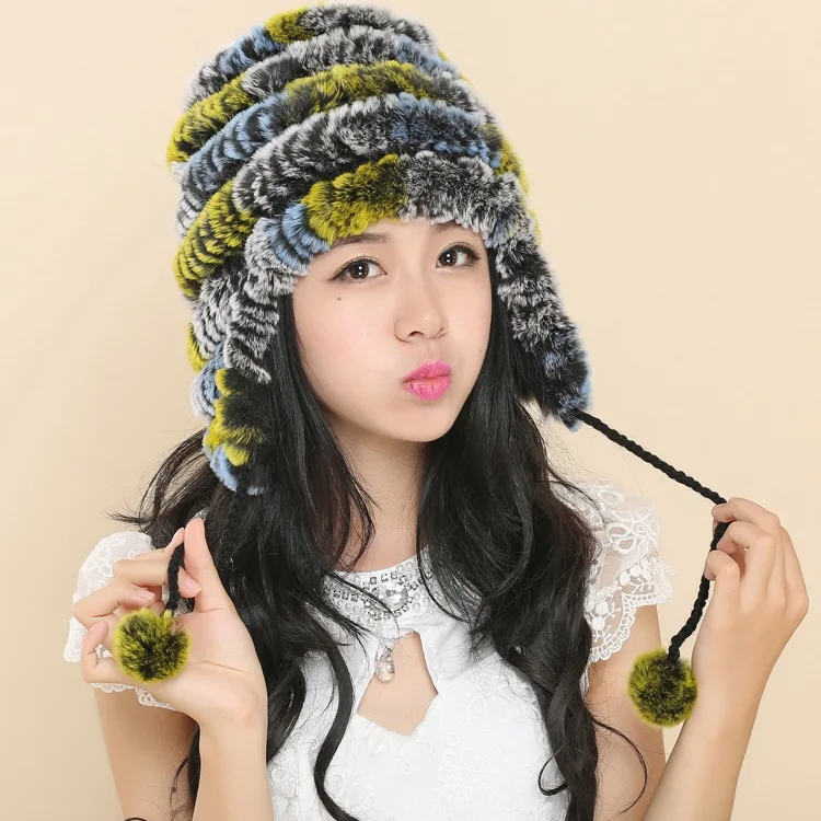 2016 New Genuine Knitted Rex Rabbit Fur Hat Fashion Ear Muff Ear Warmer Scarf Cap Winter