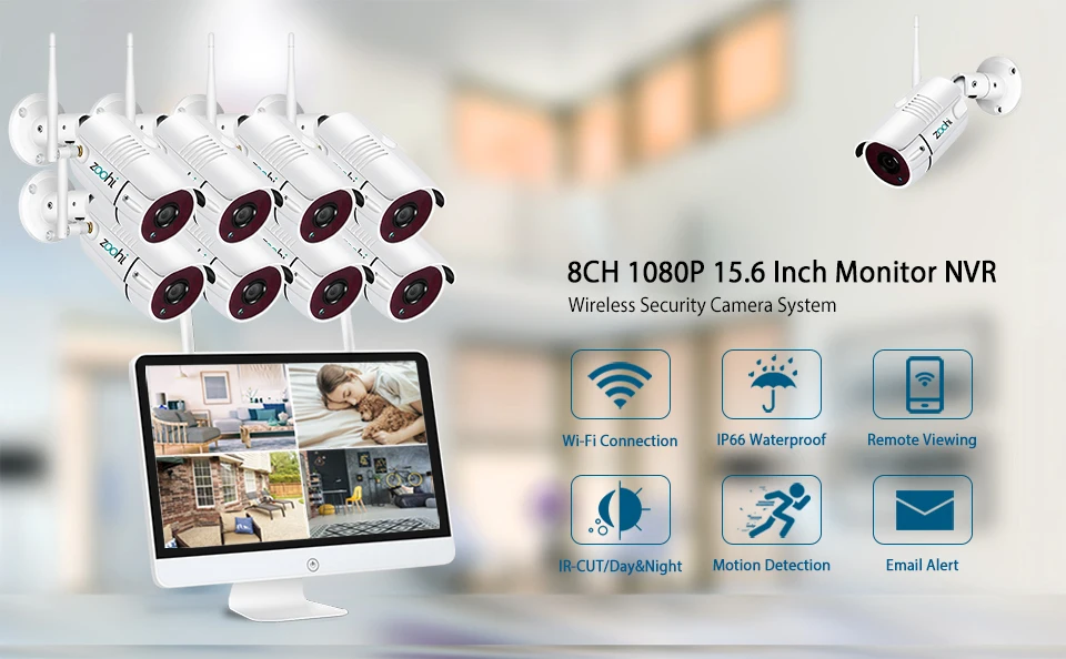 Zoohi 8CH 2MP беспроводная камера безопасности, система, наборы, 15,6 дюймов, система видеонаблюдения, 1080P NVR, уличная, Wifi, IP камера, комплекты видеонаблюдения