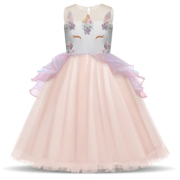 

2019 Summer Girl Dress Vestido Unicornio Embroidered Flower Girls Princess Dresses Evening Party 8Yrs Children Birthday Costume