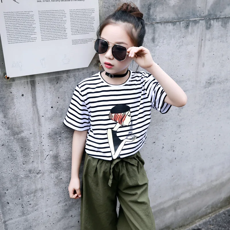 

2018 T-shirt 5-15t Girls Top Tees Kids Striped T-shirt Teens Fashion Teenage Girls Summer Clothing Outfits Children's Costumes