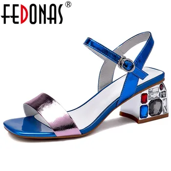 

FEDONAS Women Fashion Pumps Colorful Cow Leatehr Fshion Sandals Color Rhinestone Square High Heels Summer Sandals Shoes Woman