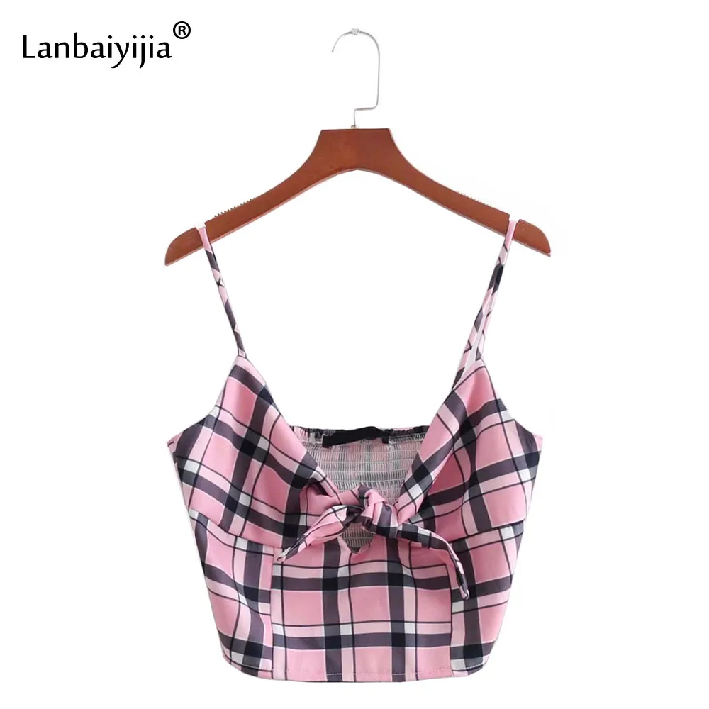 

Lanbaiyijia Newest Summer V-neck Sleeveless Plaid Camis Women tops Fashion Bow lace-up Hot tops Women Short tank tops S M L