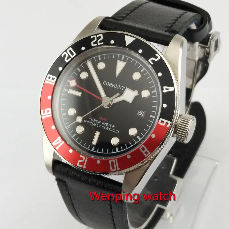 

Corgeut 41mm black dial red/black Two-tone bezel sapphire glass Red GMT automatic wrist watch 2666