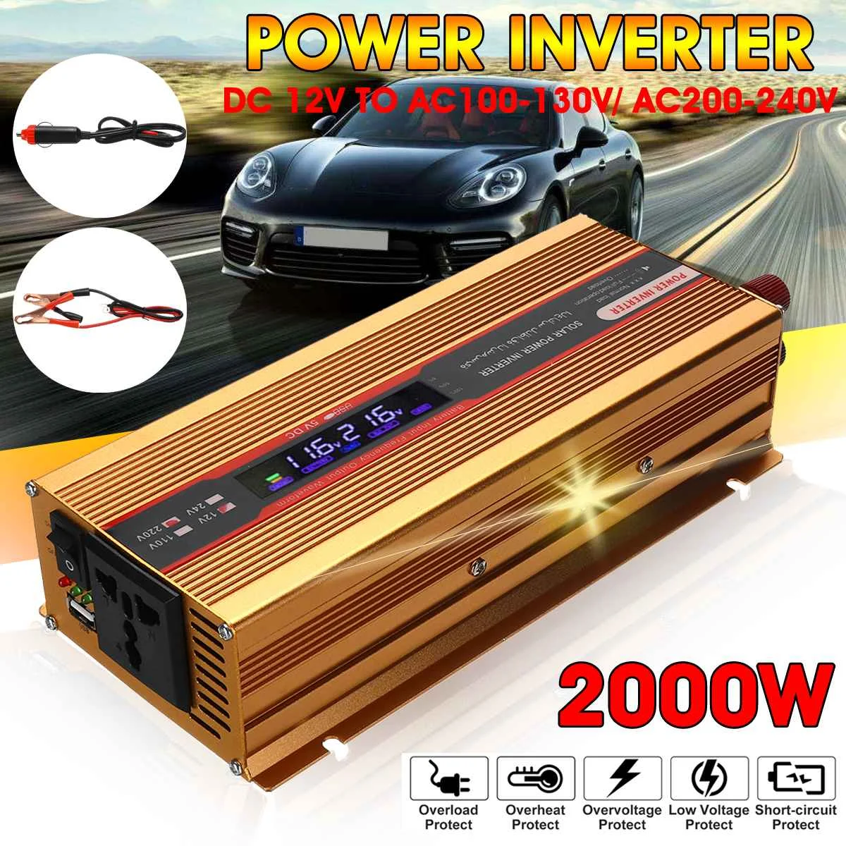 

Gold/Pink Modified Converter Sine Wave Power Inverter 2000W DC 12V to AC100-130V/ AC200-240V For Vehicle Car Power Supply