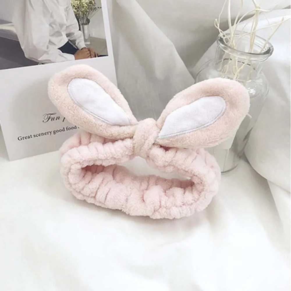 light pink Хлопковая мягкая эластичная лента для волос с кроличьими ушками для спа-ванны и душа, косметическая повязка для лица, повязка для волос, головной убор - Цвет: light pink