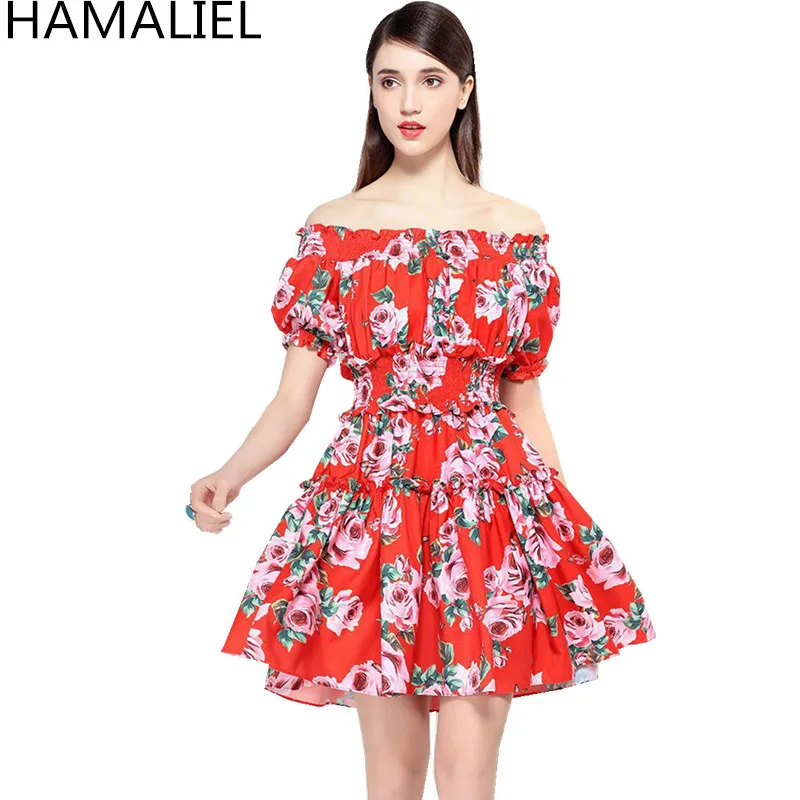 HAMALIEL Runway Designer Women Party Dress 2018 Summer Short Sleeve Print Peony Flower Slash Neck Slim Off Shoulder Mini | Женская