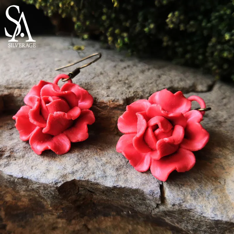 

SA SILVERAGE Drop Earrings for Women Peony Flower Earrings Handmade Beautiful Ceramic Jewelry Leisure Fine Earrings Color Art