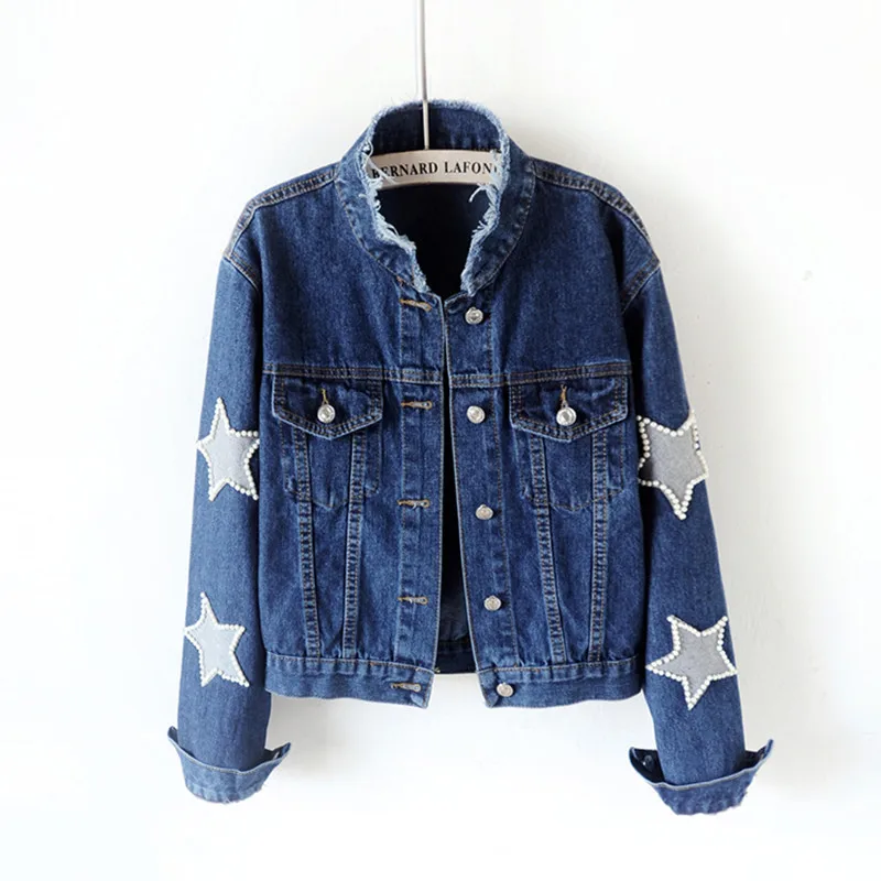 Online Frühling Mode Perle Denim Jacke Frauen Vintage Plus Größe Perlen Stern Kurzen Jean Jacken Harajuku Langarm Damen Mantel Frauen