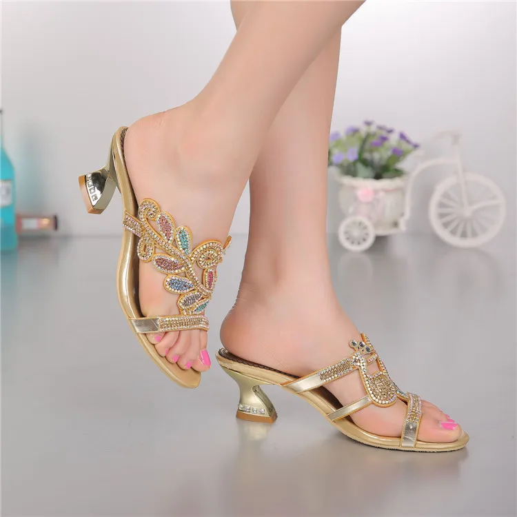 2016 New Sexy Elegant Rhinestone Sandals Thick With Party Casual Shoes For Woman Ladies Open Toe Leather Slippers High Quality5