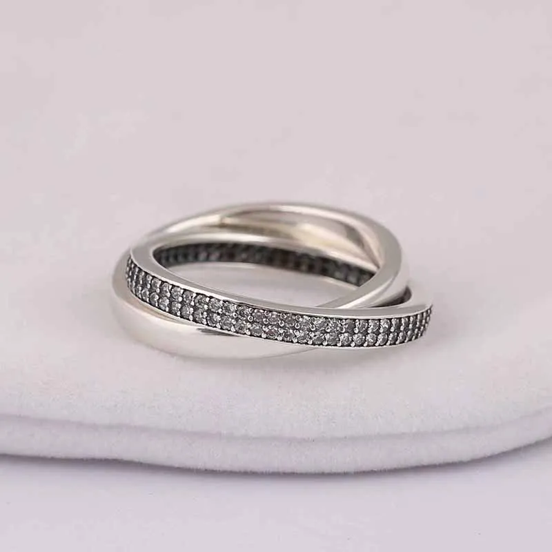 

Genuine 925 sterling Silver Sweet Promise Double Buckle Ring CZ Compatible with European Jewelry