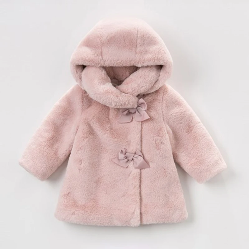 

New Winter Coat For Girls Faux Rabbit Fur Jackets With Bows Warm Baby Girls Princess Parkas Hooded Children Outerwear Clothes