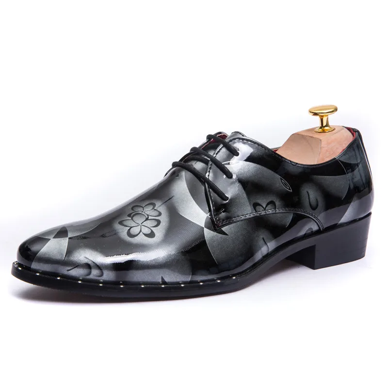 

Flower Print Pointed Toe Patent Leather Shoes Size 38-43 Business Wedding Men Dress Shoes Brand Fashion Formal Oxfords