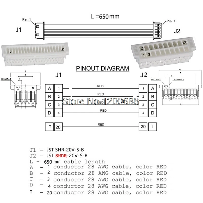 JST SHR 20V S B 20 контактный штекер мини разъем Micro Sh 1 0 Jst кабель 650 мм|Соединители| |