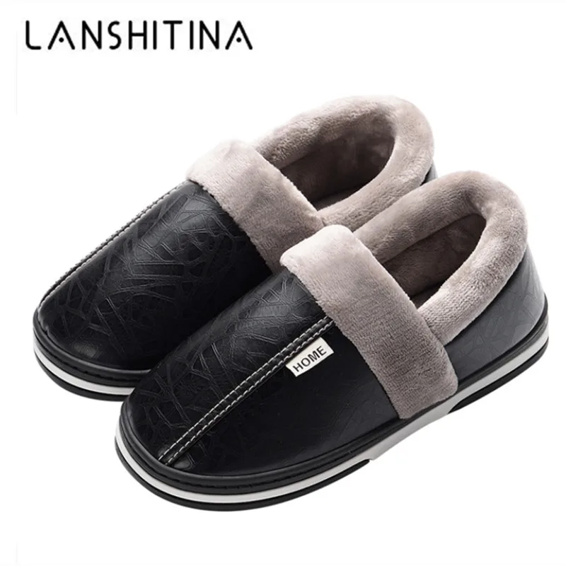 Us 10 02 41 Off 2019 Winter House Slippers Men Leather Plush Male Shoes Waterproof Anti Dirty Warm Fur Slippers Non Slip Cotton Man Indoor Shoes In
