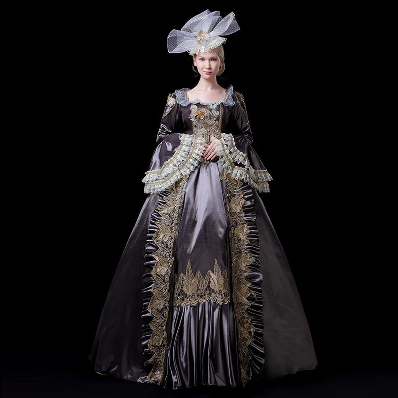 

Custom 18th Century Rococo Baroque Party Dress Ball Gowns Medieval Grey Long Flare Sleeve Lace Theater Costumes For Women