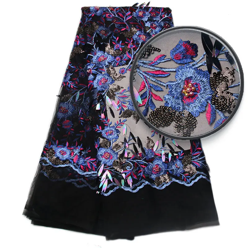 

African Embroidery Lace Fabric In Black, High Quality African Tulle Lace Fabric, Beaded Applique Lace Fabric MR953B