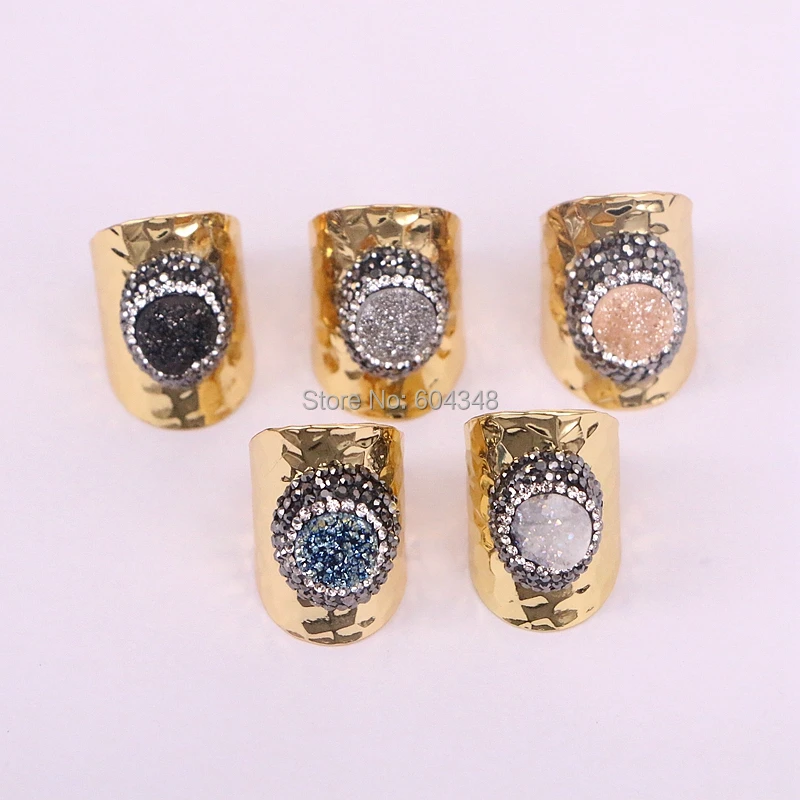 5PCS Zyunz Round Titanium Quartz Stone Ring, Crystal Rhinestone Paved