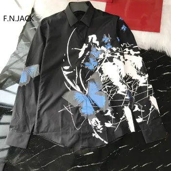

F.N.JACK 2019 New Fashion Mens Shirt Long Sleeve Butterfly Spray Printing Man Shirts Casual Male Topshirts for Men