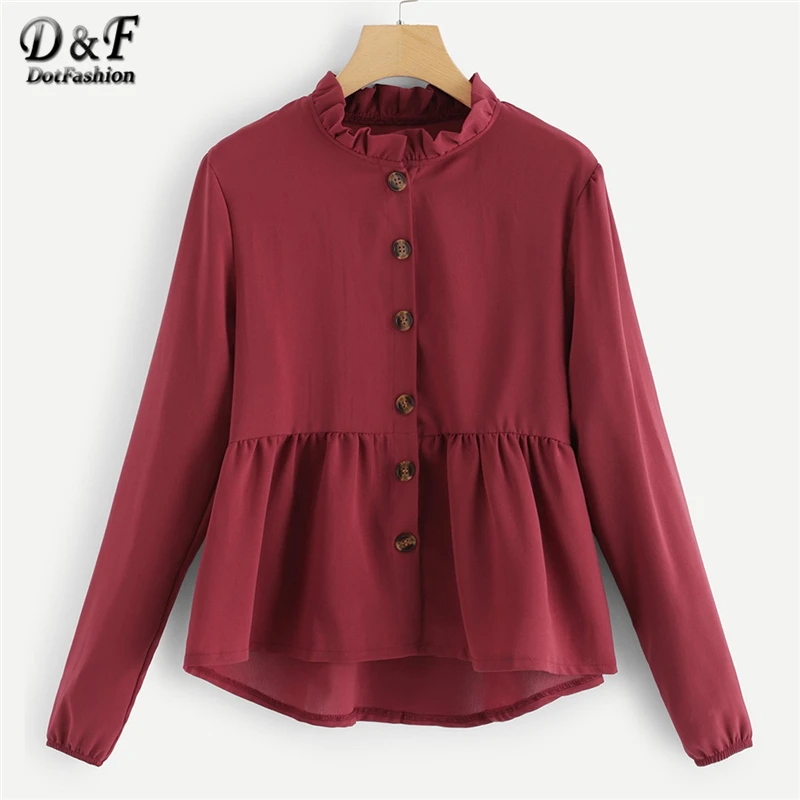  Dotfashion Burgundy Solid Frill Button Through Blouse Women 2019 Autumn Casual Ladies Top Stand Col