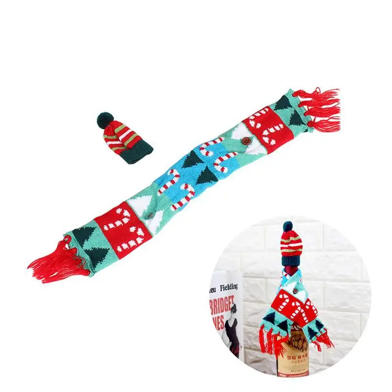

LUOEM Christmas Wine Bottle Scarf and Hat Set for Happy Christmas Kitchen Tableware Decoration