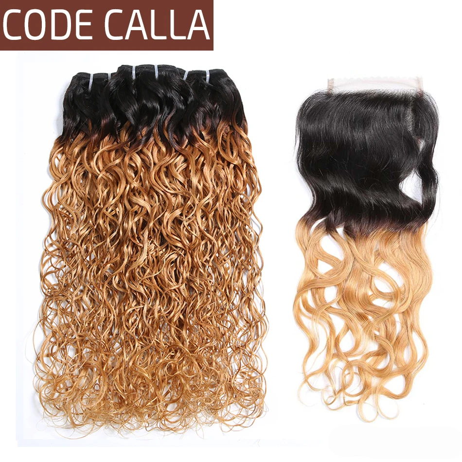 

Code Calla Indian Water Wave Bundles With 4*4 Lace Closure Ombre Brown Color Raw Virgin Human Hair Weave Sexy Curly Extension