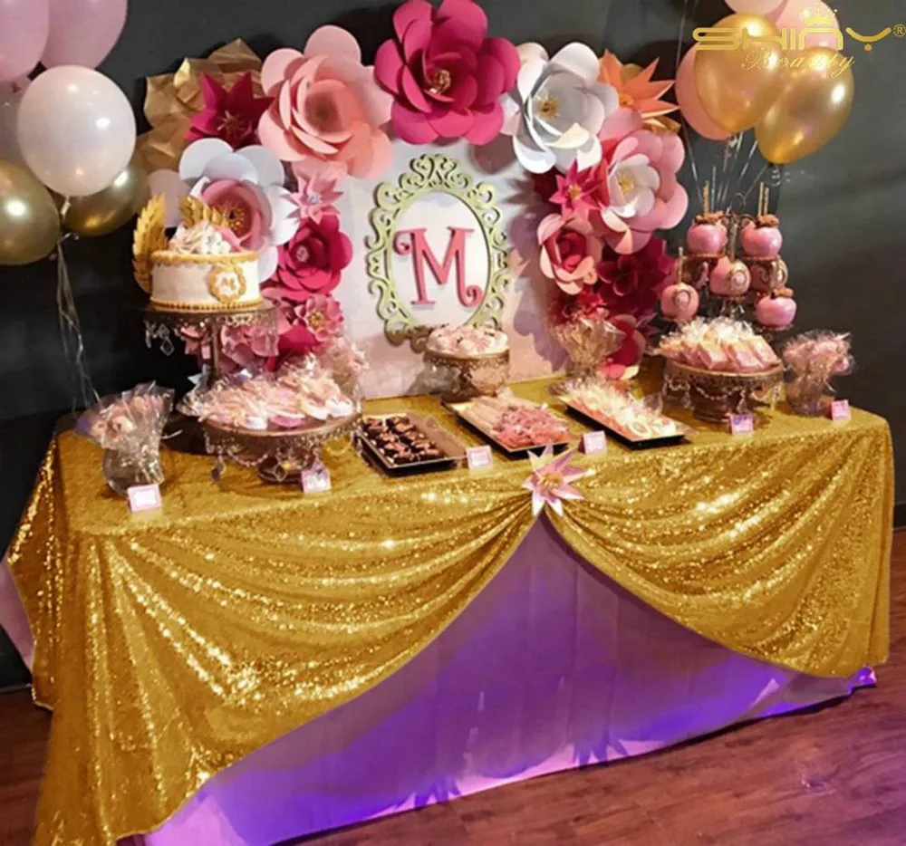

Sparkly Gold Sequin Tablecloth 90x156inch Gold Rectangle Table cover Gold Sequin Table Overlay for Wedding(90x156inch)-H104