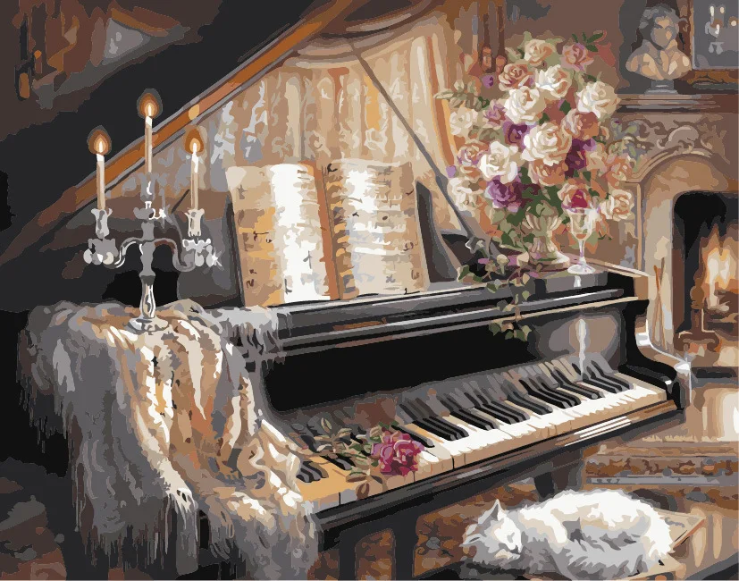 

HQ Piano Picture in the room Sleeping Cat Painting By Numbers picture Drawing By Numbers unique Gift for living room decor
