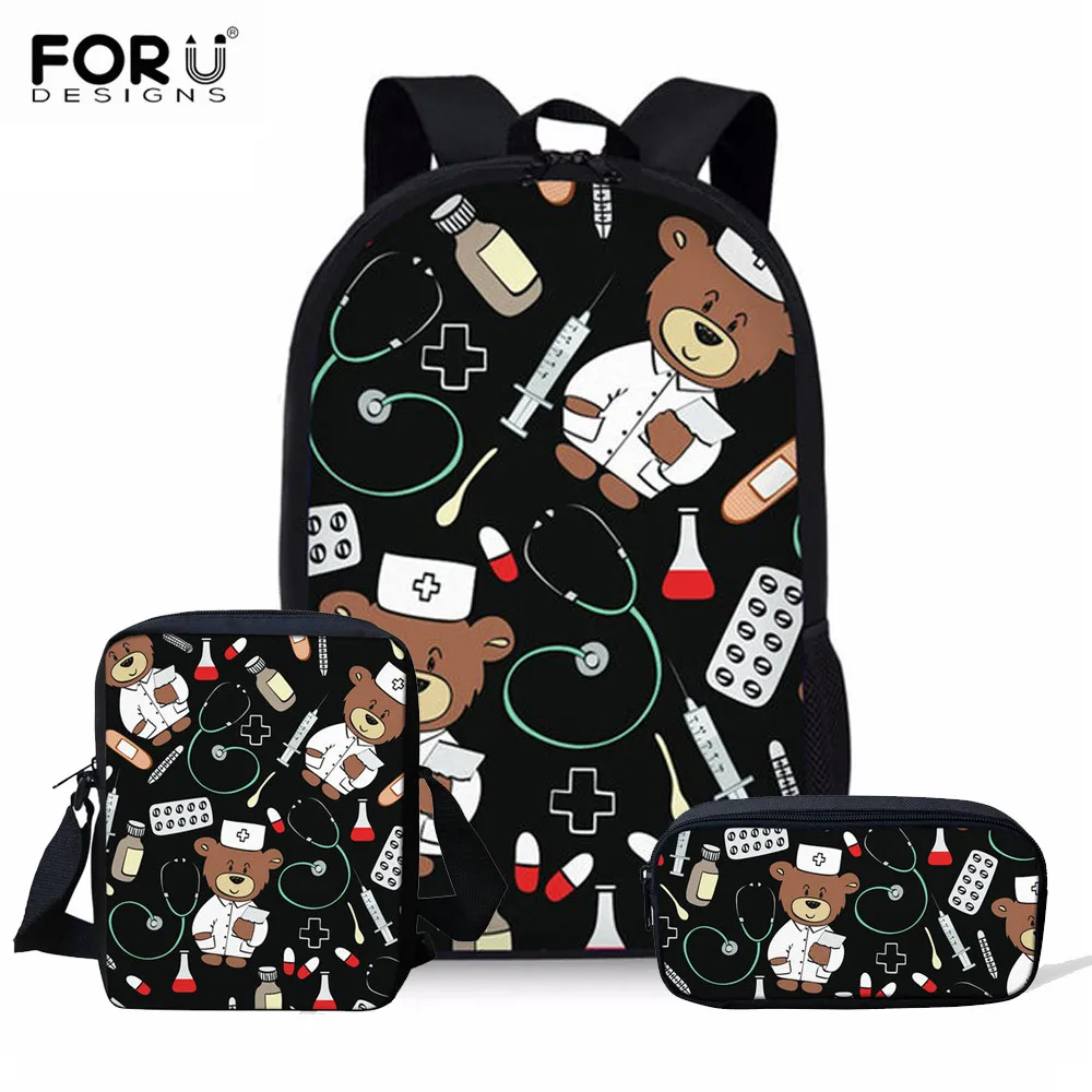 

FORUDESIGNS Cartoon Doctor Bear Printing School Backpacks Boys and Girls 3Pcs/Set Children Orthopedics Backpack Mochila Infantil