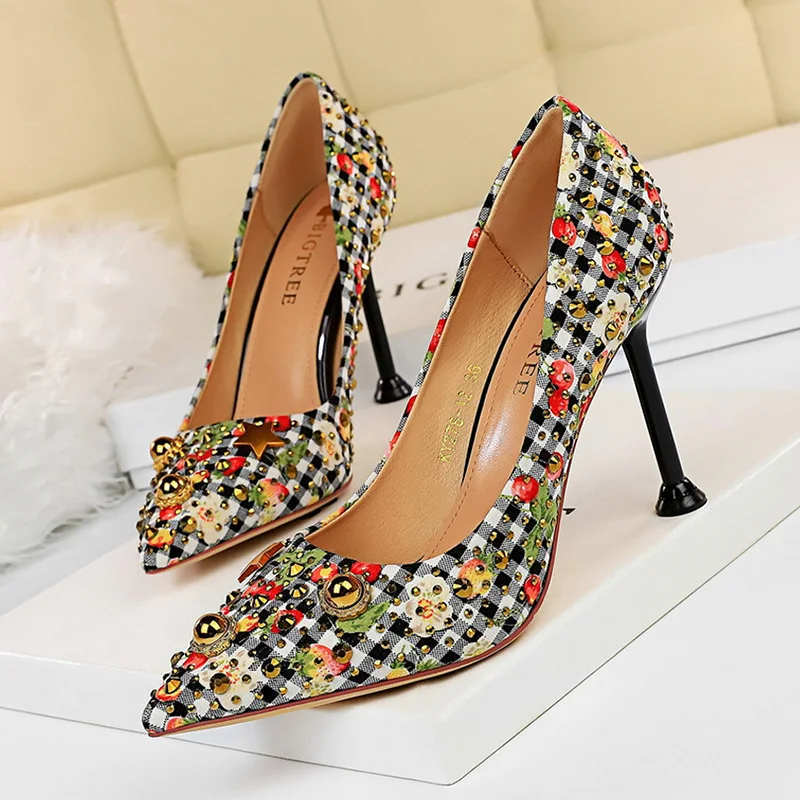 

BIGTREE Shoes Rhinestone Women Pumps Rivet High Heels Lattice Cloth Women Shoes Sexy Women Heels Ladies Shoes Wedding Shoes