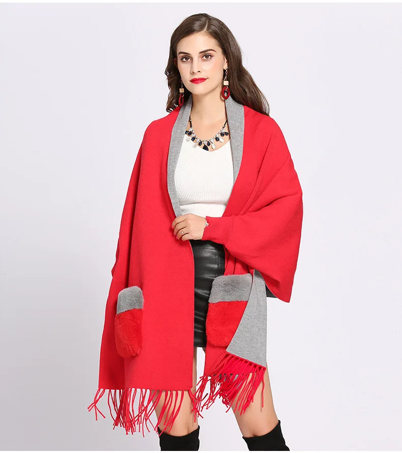 Зима, женское пончо из искусственного кашемира, длинный рукав, винтажная шаль с меховым карманом, Женский вязаный шарф с кисточками большого размера