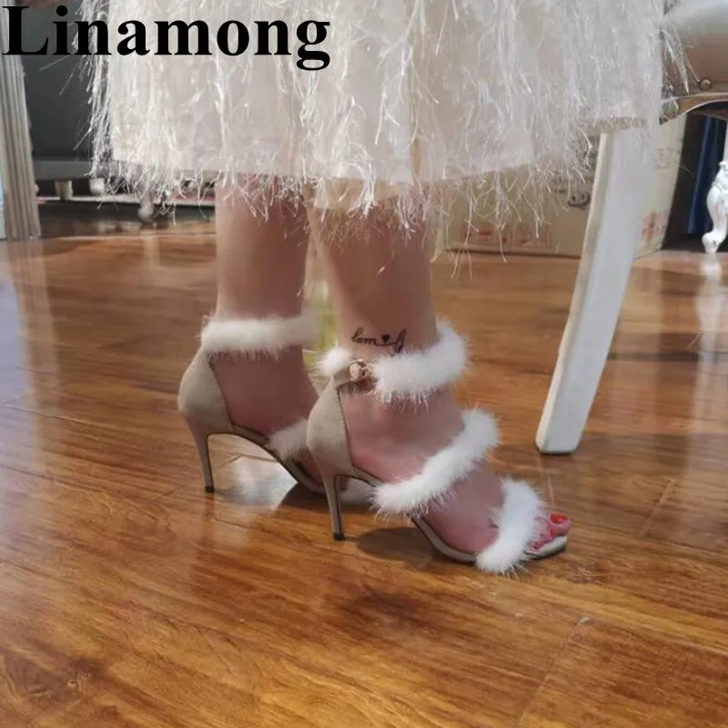 

2019 Newest Sweet Fashion Whiter Fur Three Colors High Heel And Open Toe Cover Heel Buckle Strap Sample Women Sandals