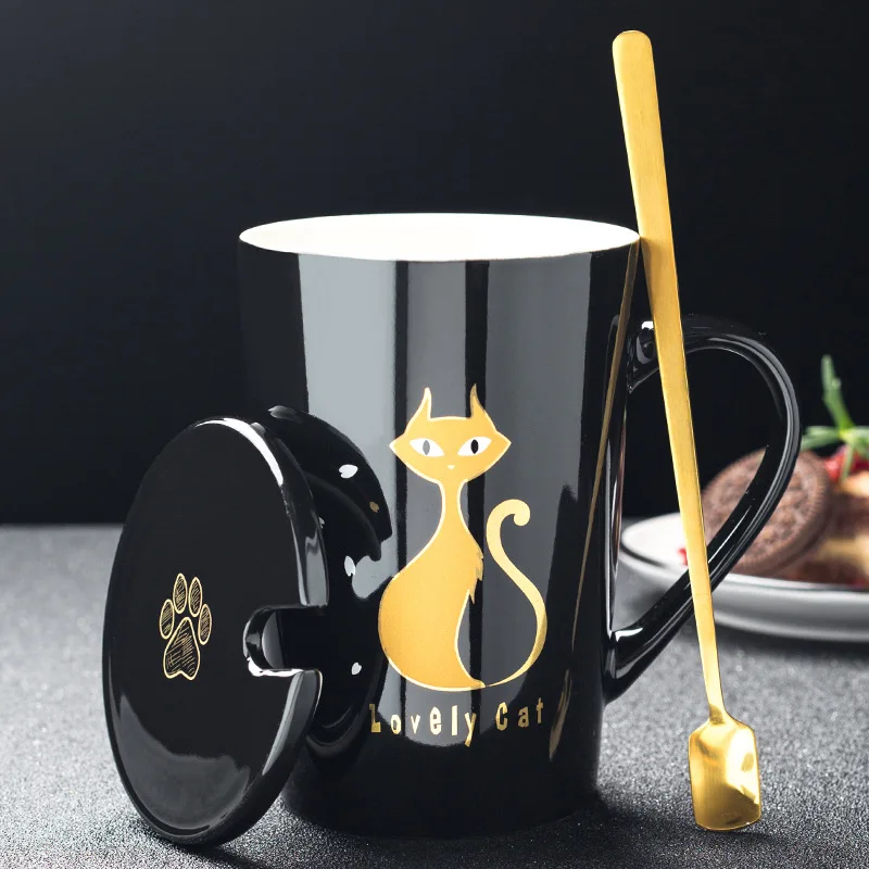 Mug Set 420 мл, новинка, милая керамическая кофейная кружка с котом, с крышкой, ложкой, кружки с животными, креативная посуда для девочек, кофейные чайные чашки, новые подарки, чашка для молока - Цвет: Mug Set