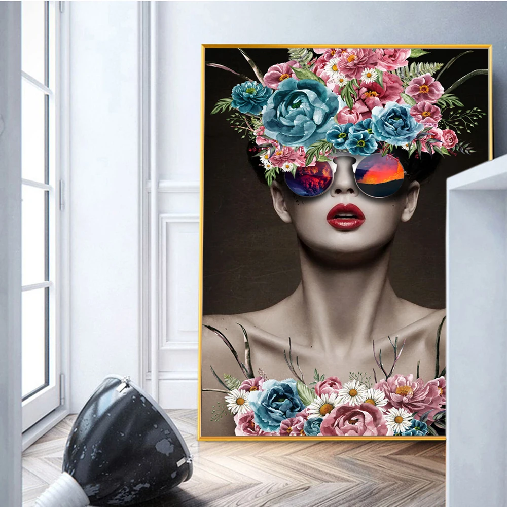 

Abstract Beauty Wall Art Canvas Prints Modern Girl With Glass Flowers Canvas Paintings Pop Art Canvas Wall Pictures Home Decor