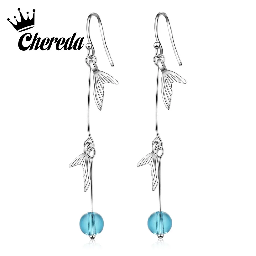 

Chereda Blue Rhinestones Beads Drop Earring Cute Sweet Fish Tail Silver Dangle Earrings for Women Girl Unique Jewelry