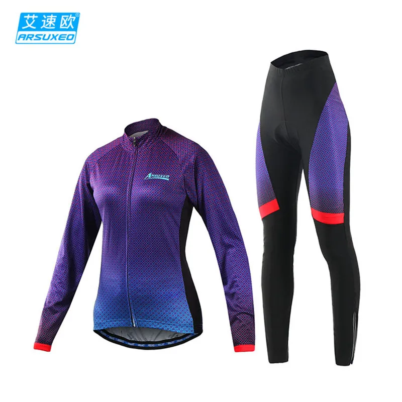 

ARSUXEO 2017 Pro Cycling Women Bike Clothing Set Long Sleeve Cycling Jersey Sets Retro Bicycle Clohtes MTB Sport Wear Suit