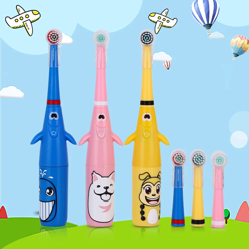 

New 3D Cartoon Pattern Children Electric Toothbrush Rotary Tooth Brush with Replacement Heads Battery Type for Kids Waterproof