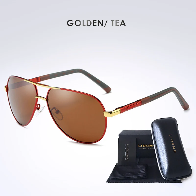 LIOUMO, Лидирующий бренд, мужские, Ретро стиль, алюминий, HD, поляризационные солнцезащитные очки, классические, солнцезащитные очки, покрытие линз, очки для вождения, для мужчин/женщин - Цвет линз: Gold-tea