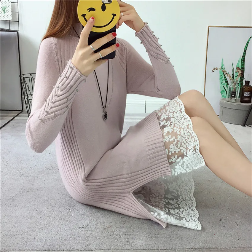 Женское трикотажное платье свитер с высоким воротником и разрезом|dress autumn|new