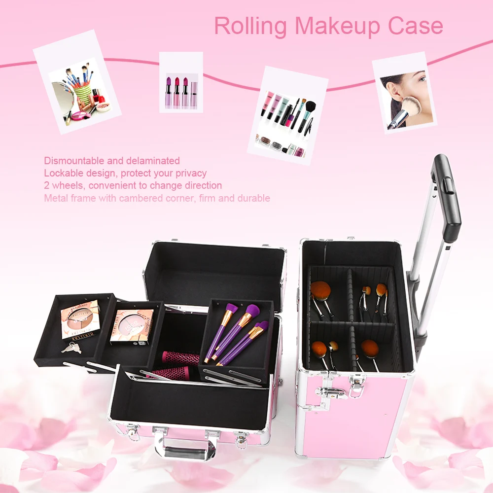 

1Set Rolling Makeup Case Cosmetic Case Organizer Lockable Makeup Storage Case Extendable Cosmetic Box for Jewelry & Tattoo Tools
