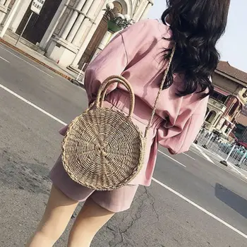 

Summer Women Round Beach Straw Bag Tote Purse Crochet Bag Ladies Chic Female Bohemian Weave Round Bags