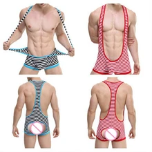 Мужские стринги боди в полоску на подтяжках сексуальное нижнее белье Горячая Борцовка Майка боди стринги цвета(красный/черный), S/M/L/XL