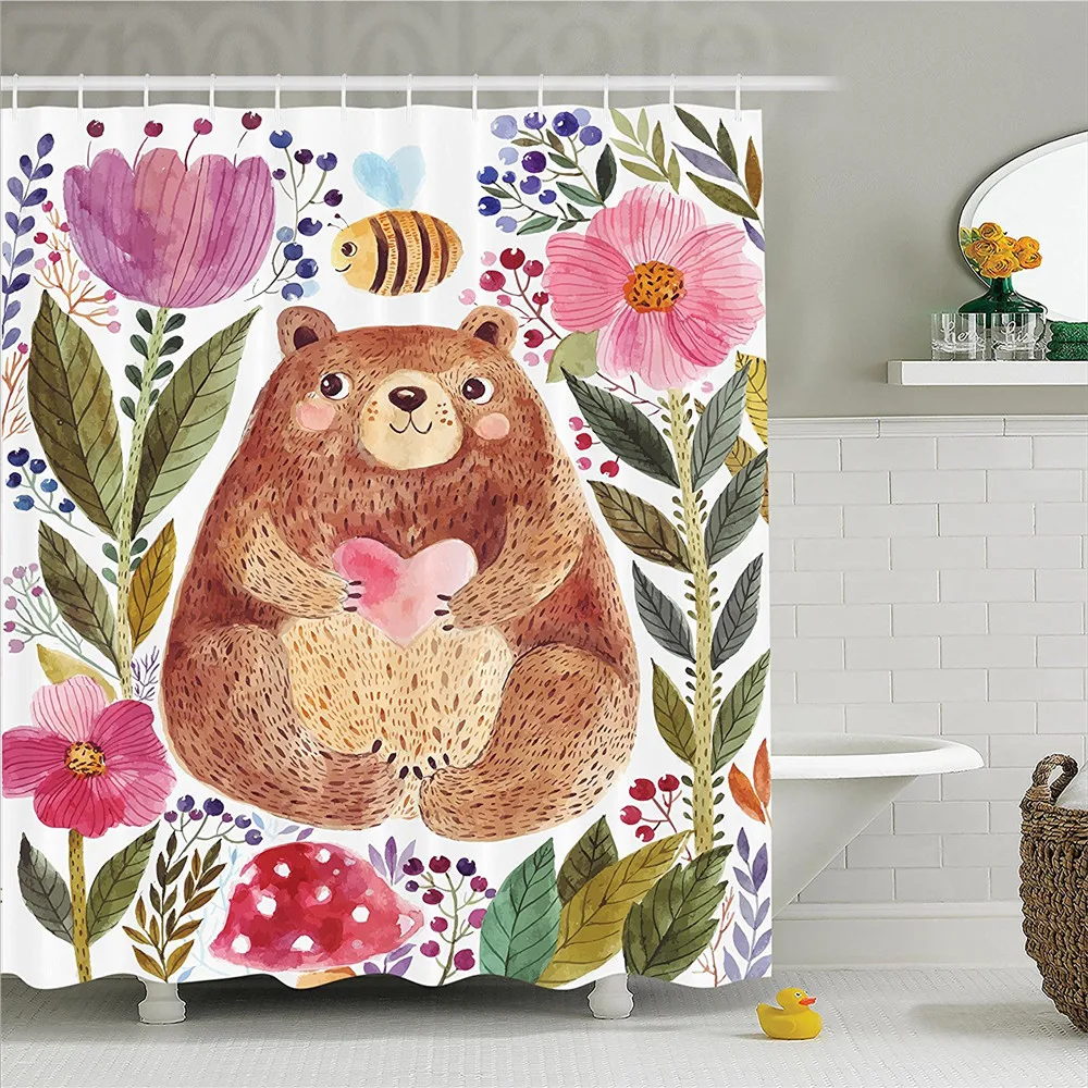 Watercolor Flower Decor Shower Curtain Set Modern Illustration Of Cute Bear With Flowers And Bee Animal Spirit Artsy Nature Bath | Дом и сад