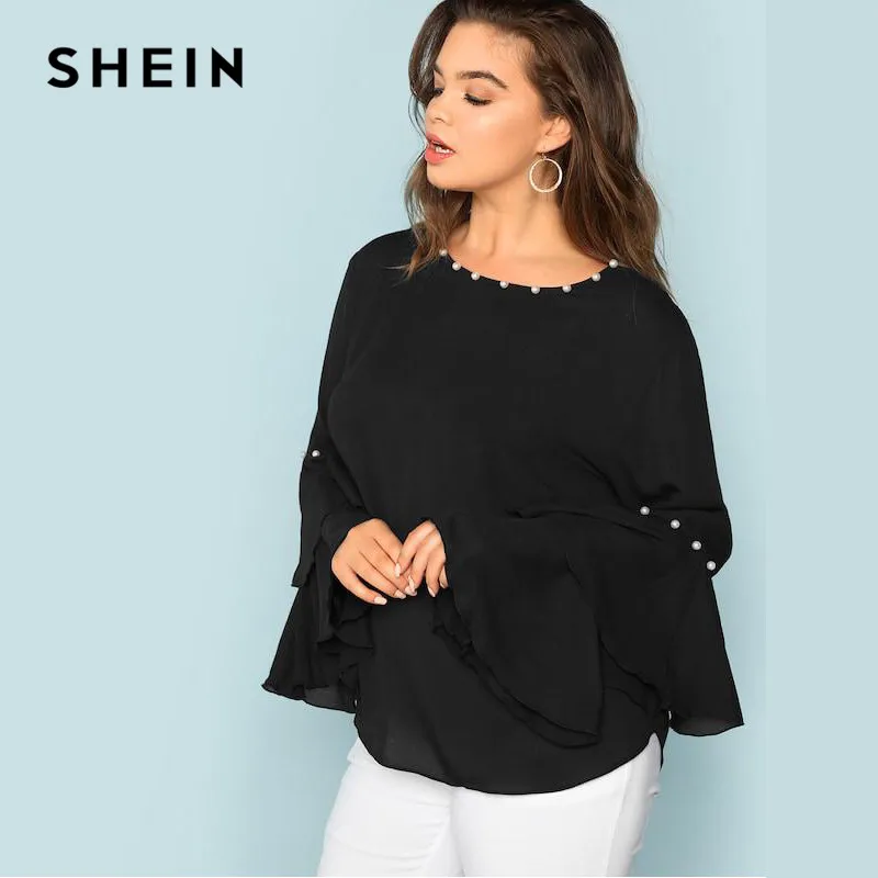 SHEIN, украшенный жемчугом, многослойный рукав с рюшами размера плюс, женская черная блузка,, модный топ с круглым вырезом, украшенный бисером