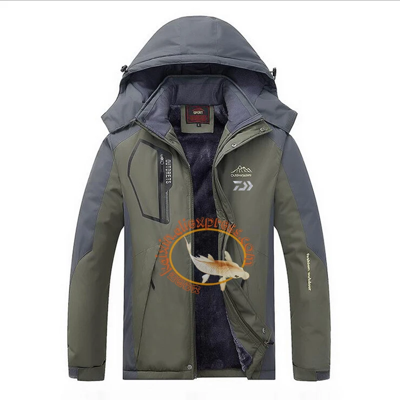 Daiwa Fishing Clothing Winter Men Women Autumn Winter Waterproof Warm Fishing Jackets Patchwork Hooded Mountaineering Suits - Цвет: 2